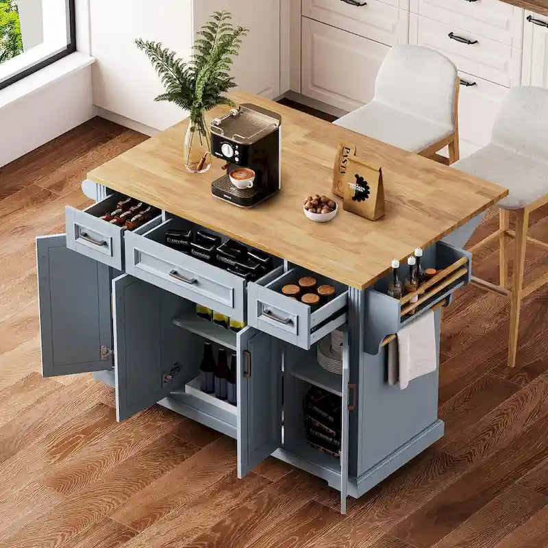 54  Large Kitchen Island with Rubber Wood Drop Leaf, Embossed Texture Rolling Kitchen Cart on 4 Wheels with 4 Doors & 3 Drawers 24