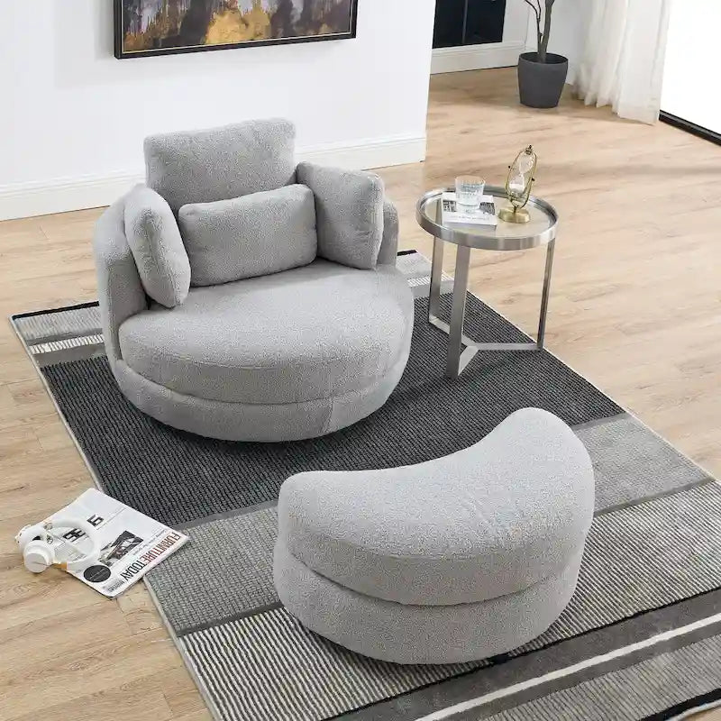 Oversized Swivel Cuddle Barrel Chair with moon storage ottoman 16