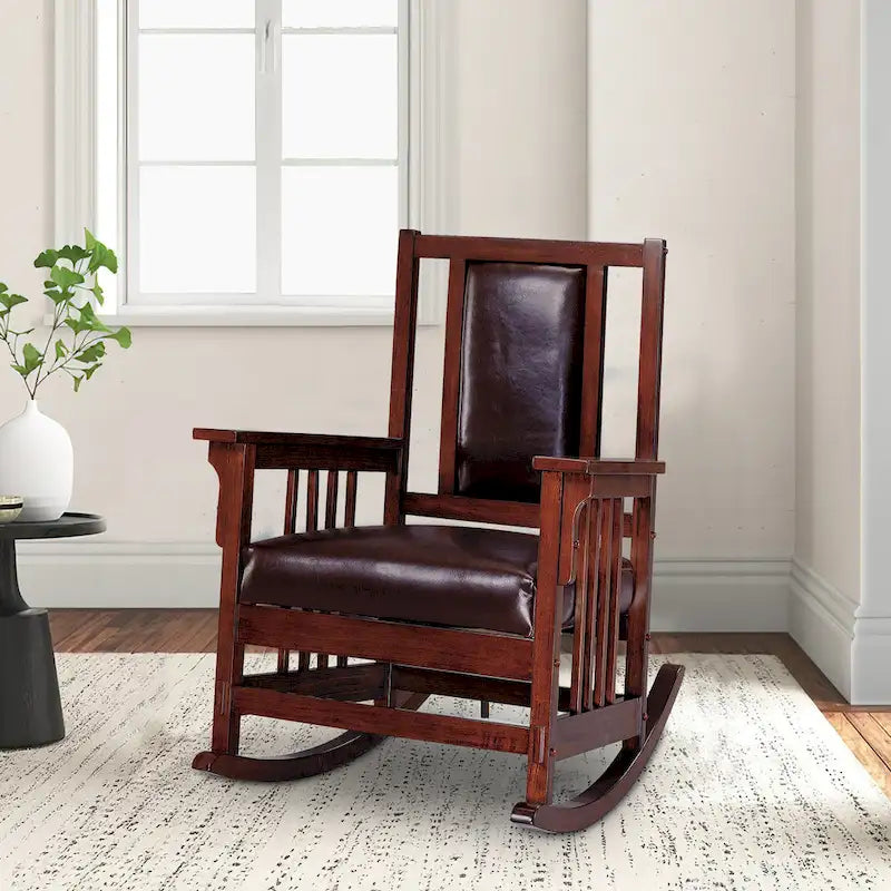Mission Style Rocking Chair, Leather Upholstered Seat & Back, Tobacco and Dark Brown 1