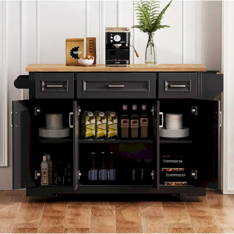 54  Large Kitchen Island with Rubber Wood Drop Leaf, Embossed Texture Rolling Kitchen Cart on 4 Wheels with 4 Doors & 3 Drawers 3