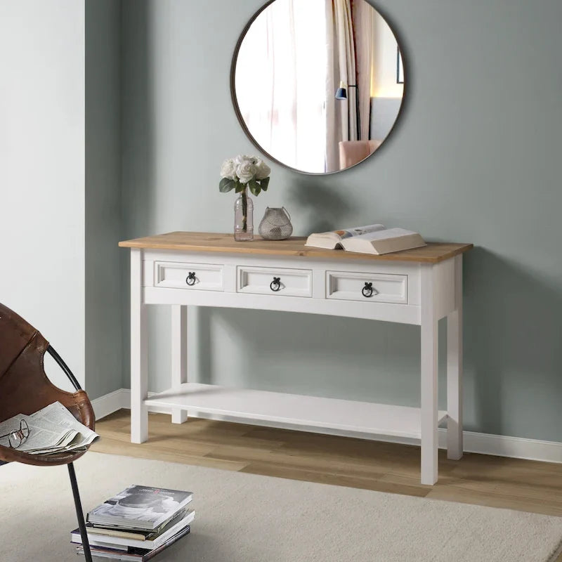 Rustic Solid Pine Console Hall Table, White Wash / Antique Brown / Gray Wash / Unpainted, 3 Drawers 17