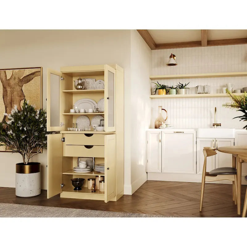 100% Solid Wood Pantry Cabinet with Frosted Glass Doors, Solid Doors, 2-Drawers and Adjustable Shelves 30