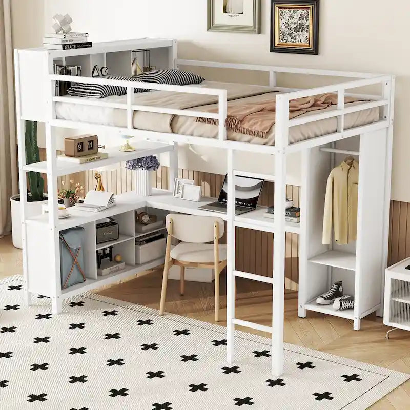 Letto a soppalco in metallo Off-White con scrivania e armadio - Matrimoniale 3