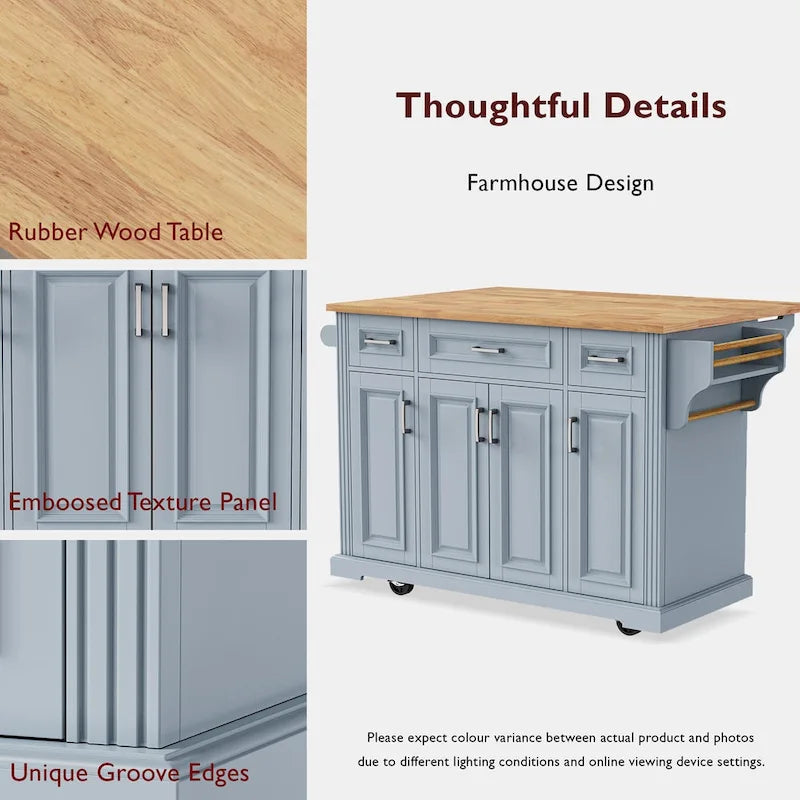 54  Large Kitchen Island with Rubber Wood Drop Leaf, Embossed Texture Rolling Kitchen Cart on 4 Wheels with 4 Doors & 3 Drawers 31