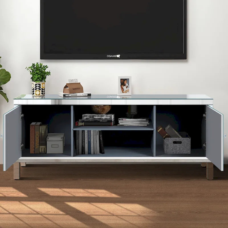 59 TV Stand with Diamond-Shaped Mirror Doors and Storage for TVs Up to 65 5