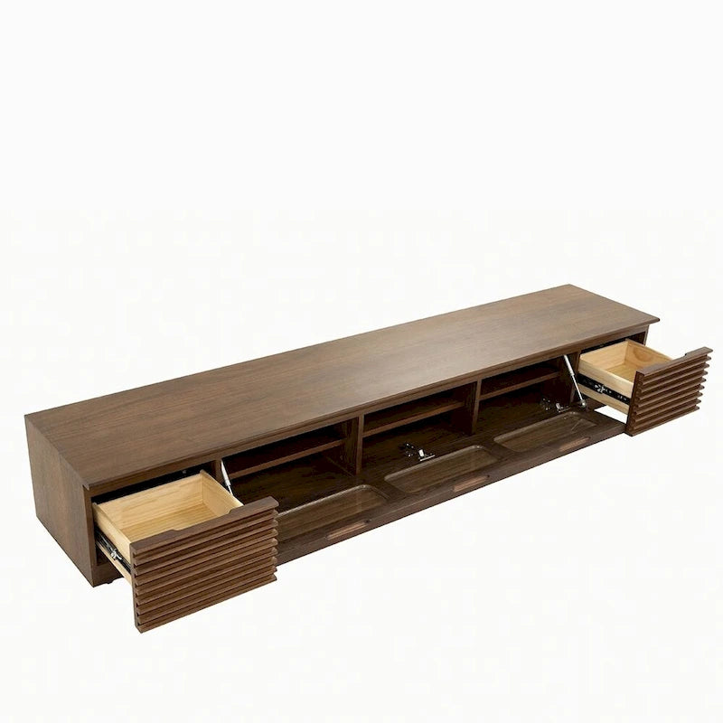 Minimalist TV Stand with DrawersSolid Wood Media Console with Cabinets, Flip-down Door, Walnut Veneer, Fully-Assembled 13