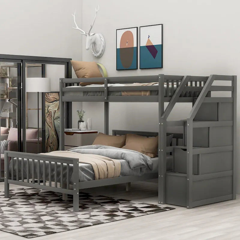 Twin Over Full Wood Loft Bed with Staircase,High Guardrails and Ladder 10