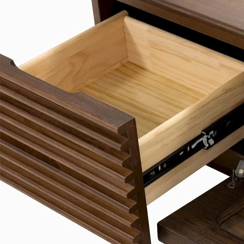 Minimalist TV Stand with DrawersSolid Wood Media Console with Cabinets, Flip-down Door, Walnut Veneer, Fully-Assembled 9