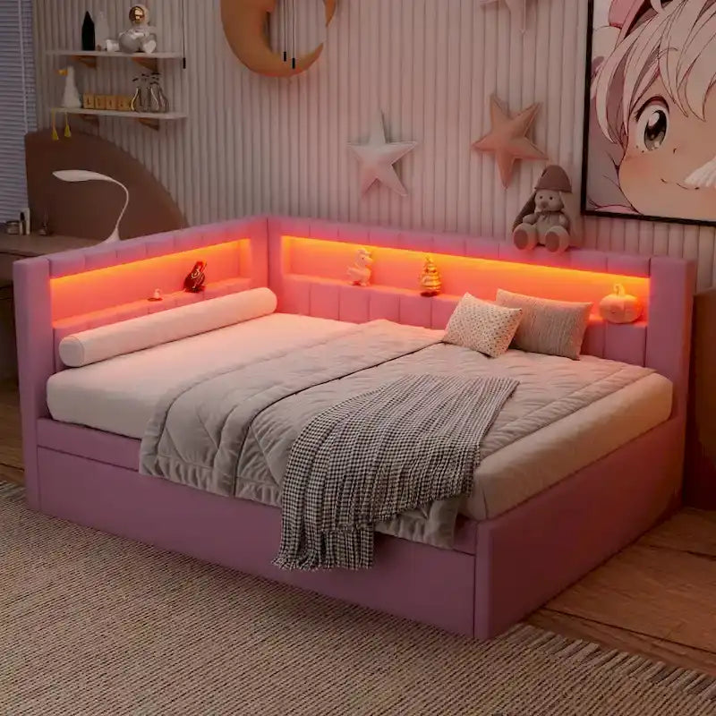 Upholstered Platform Bed with USB Ports & LED Lighting - Full/Twin Size Bed Frame with 2 Storage Drawers - Modern Bedroom 12