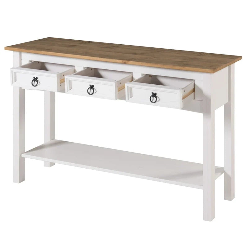 Rustic Solid Pine Console Hall Table, White Wash / Antique Brown / Gray Wash / Unpainted, 3 Drawers 16