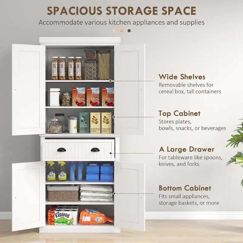 72 Kitchen Pantry Storage Cabinet, Traditional Freestanding Cabinet with 4 Doors and 3 Adjustable Shelves, Large Central Drawer 16