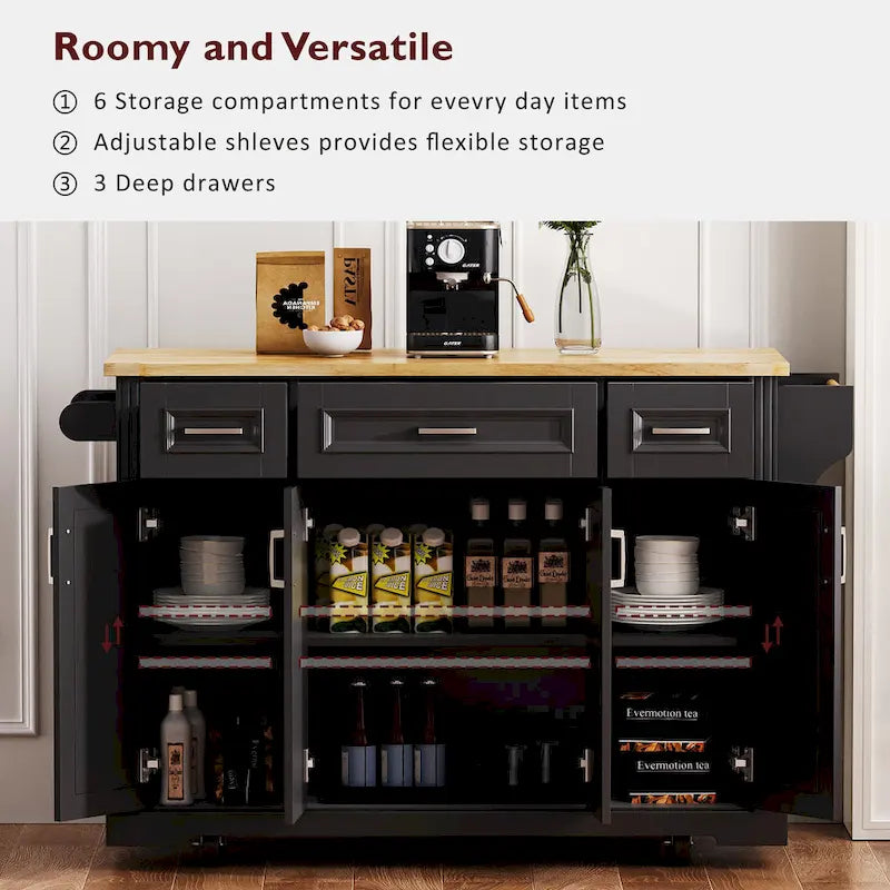 54  Large Kitchen Island with Rubber Wood Drop Leaf, Embossed Texture Rolling Kitchen Cart on 4 Wheels with 4 Doors & 3 Drawers 10