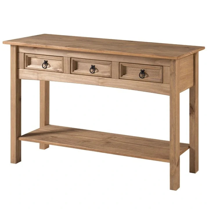 Rustic Solid Pine Console Hall Table, White Wash / Antique Brown / Gray Wash / Unpainted, 3 Drawers 3