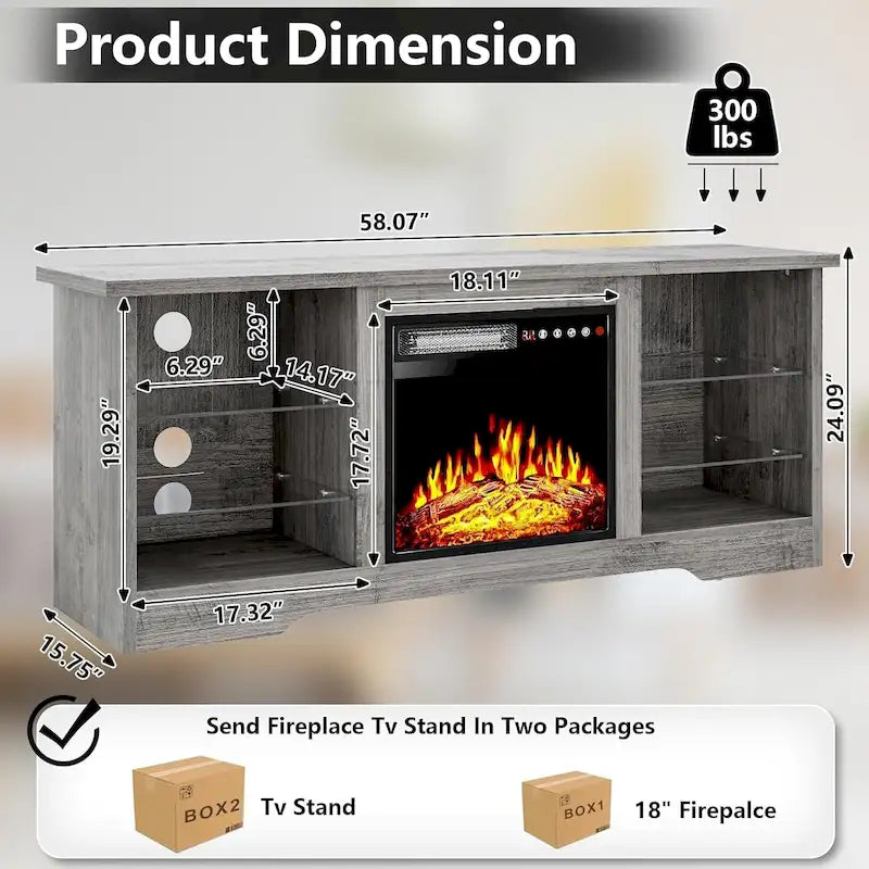 Bossin 58 Fireplace TV Stand with 18 Electric Fireplace,Modern Entertainment Center for 65 TVs,TV Console 38