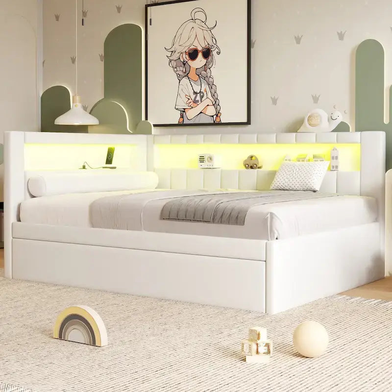 Upholstered Platform Bed with USB Ports & LED Lighting - Full/Twin Size Bed Frame with 2 Storage Drawers - Modern Bedroom 24