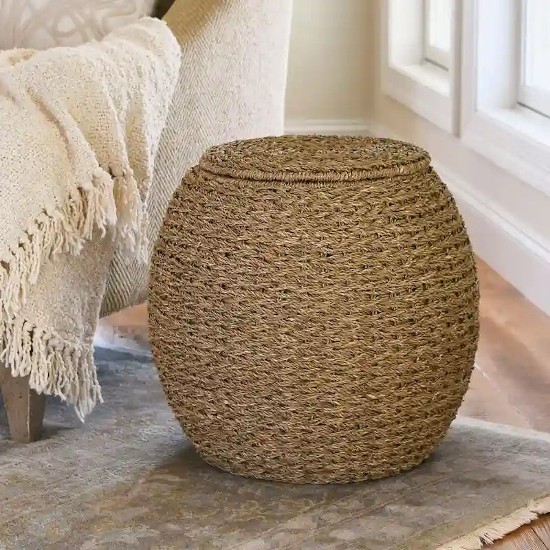 Household Essentials Handwoven Barrel Wicker Storage Basket Side Table - 17.0L x 17.0W x 19.0H 5