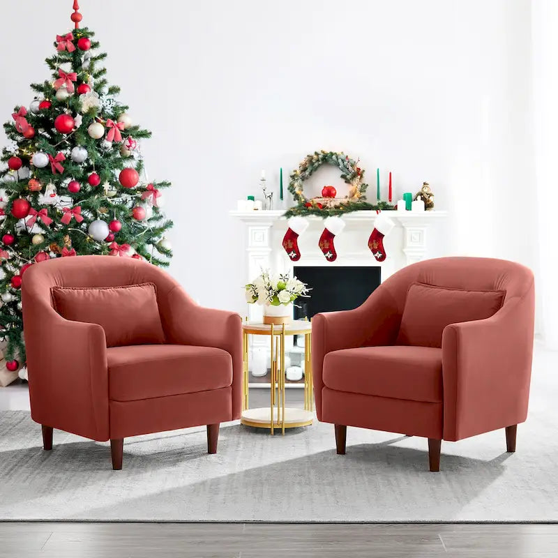 28.34W Set Of 2 Accent Armchair, Velvet Barrel Chair with Solid Wood Legs 24