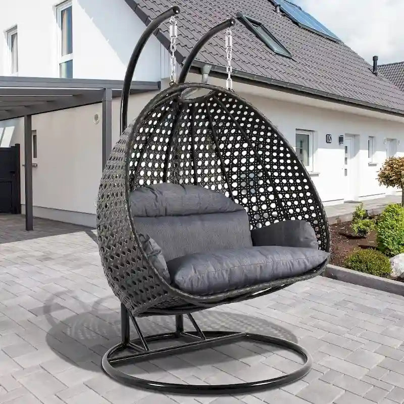 LeisureMod 2 Person Hanging Egg Chair with Stand - Outdoor/Indoor Rattan Wicker Patio Swing Hammock Lounger with Cushions 24