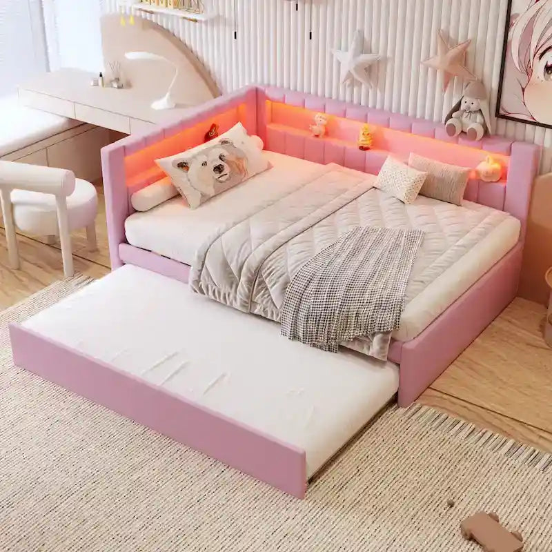 Upholstered Platform Bed with USB Ports & LED Lighting - Full/Twin Size Bed Frame with 2 Storage Drawers - Modern Bedroom 14