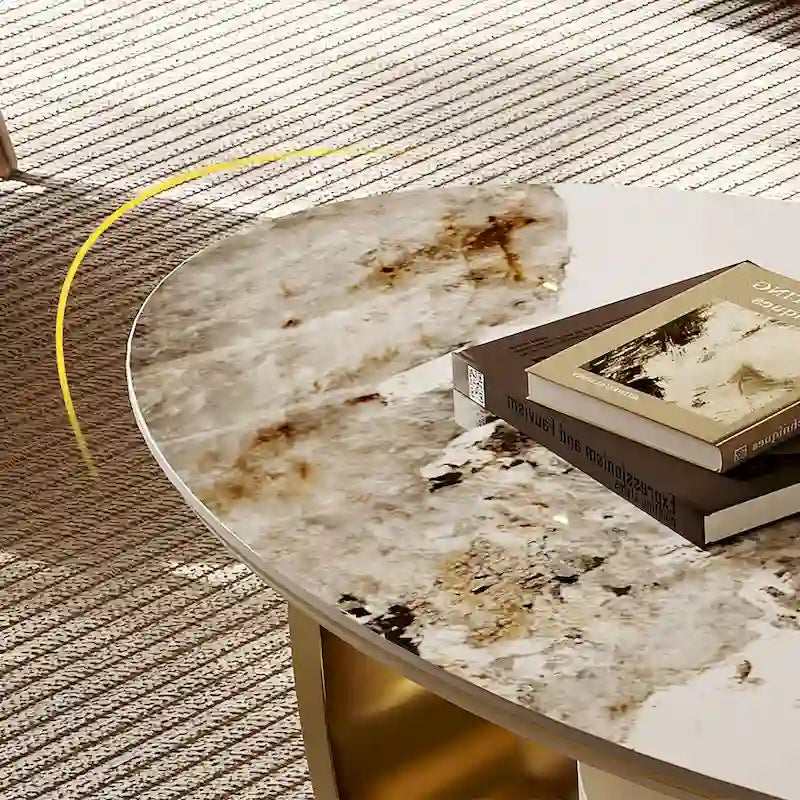 Tavolino da caffè ovale moderno Pandora 51 con piano in pietra sinterizzata lucida, tavolino da caffè di lusso, gambe in acciaio inossidabile per soggiorno 22