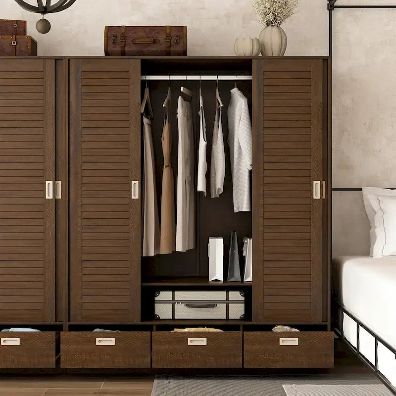 Brown Wardrobe Armoire with Drawers, Hanging Rod 4 Sliding Doors 6