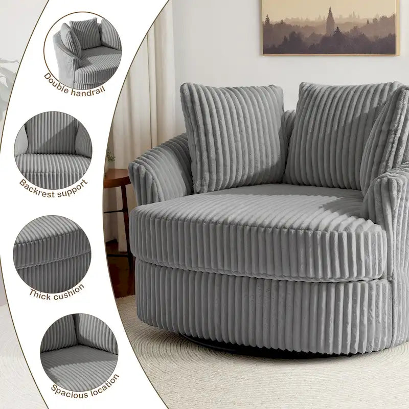 Oversized 43 W Plush Corduroy Recessed Arm Swivel Barrel Chair 39