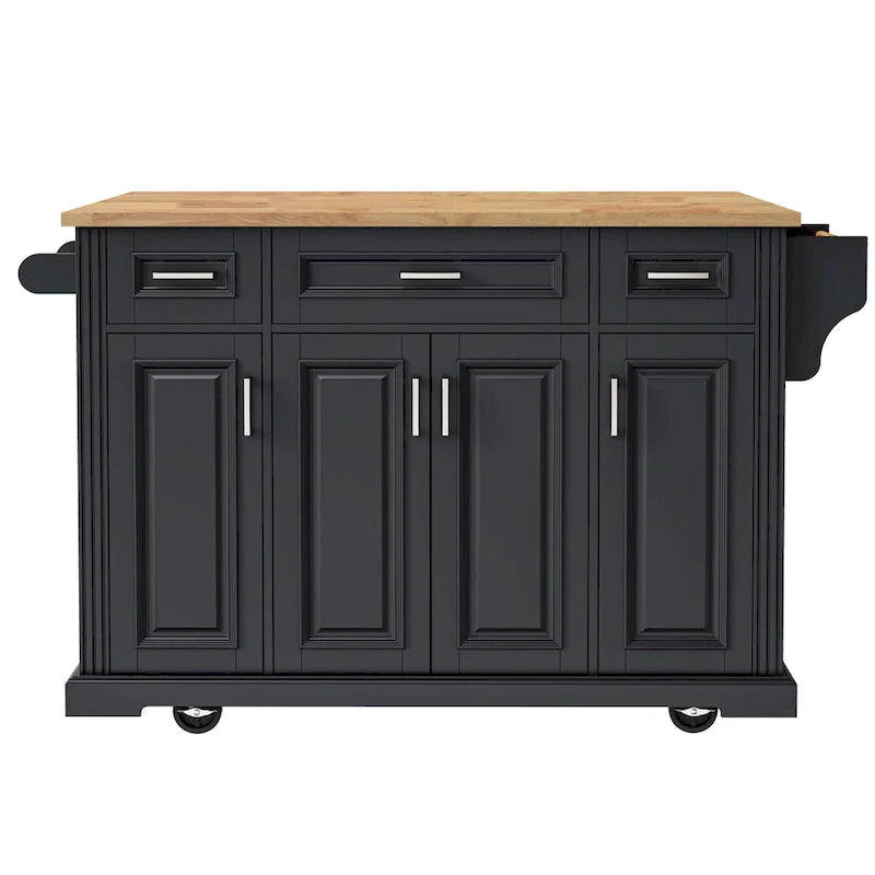 54  Large Kitchen Island with Rubber Wood Drop Leaf, Embossed Texture Rolling Kitchen Cart on 4 Wheels with 4 Doors & 3 Drawers 17