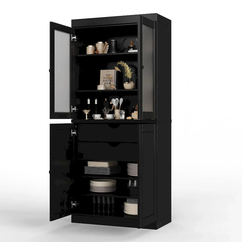100% Solid Wood Pantry Cabinet with Frosted Glass Doors, Solid Doors, 2-Drawers and Adjustable Shelves 36