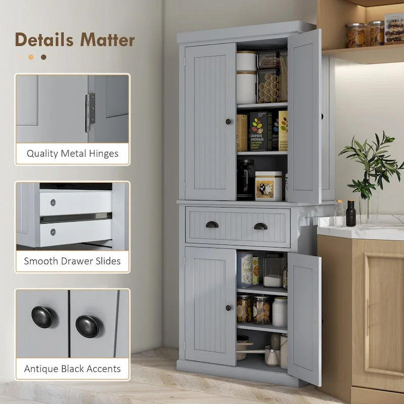 72 Kitchen Pantry Storage Cabinet, Traditional Freestanding Cabinet with 4 Doors and 3 Adjustable Shelves, Large Central Drawer 10
