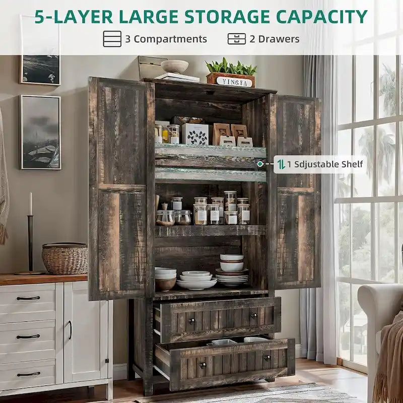 64 Farmhouse Tall Kitchen Pantry Storage Cabinet with 2 Drawers & Doors 25