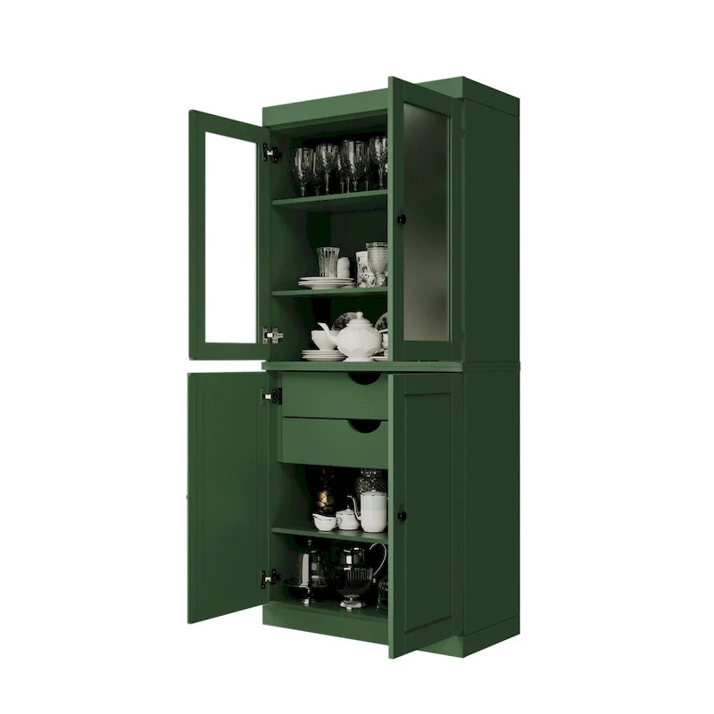 100% Solid Wood Pantry Cabinet with Frosted Glass Doors, Solid Doors, 2-Drawers and Adjustable Shelves 4
