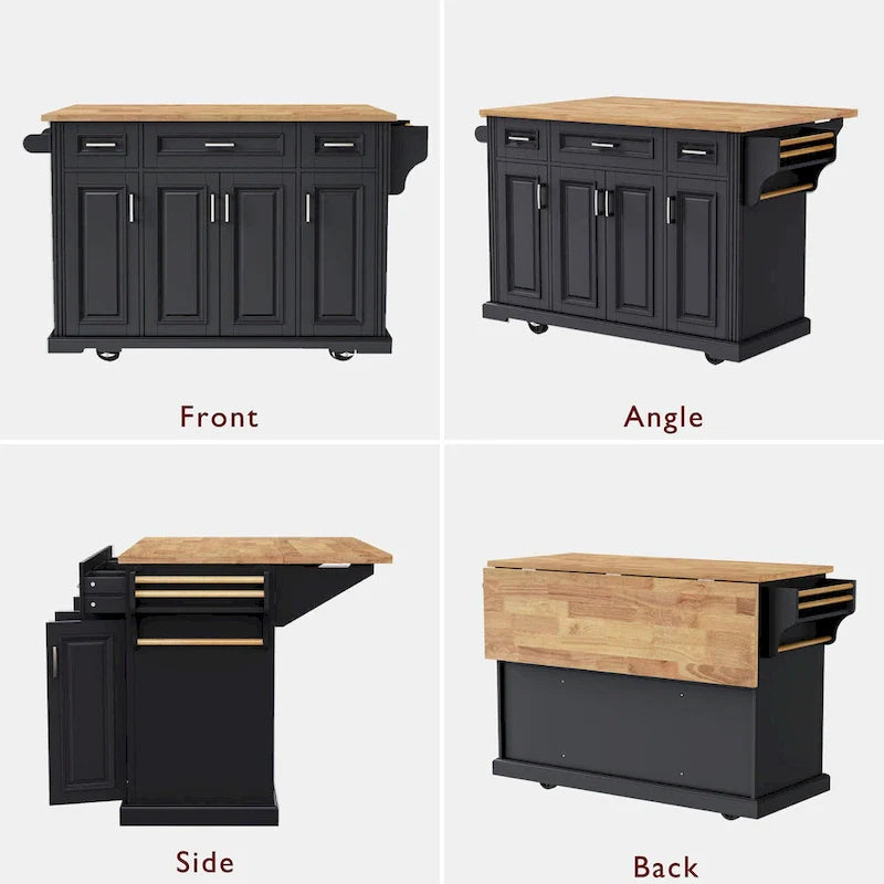 54  Large Kitchen Island with Rubber Wood Drop Leaf, Embossed Texture Rolling Kitchen Cart on 4 Wheels with 4 Doors & 3 Drawers 14