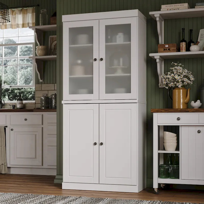 100% Solid Wood Pantry Cabinet with Frosted Glass Doors, Solid Doors, 2-Drawers and Adjustable Shelves 3