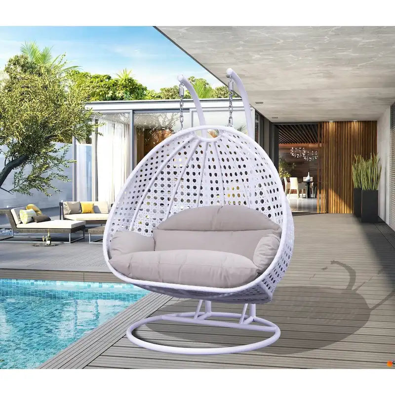 LeisureMod 2 Person Hanging Egg Chair with Stand - Outdoor/Indoor Rattan Wicker Patio Swing Hammock Lounger with Cushions 6