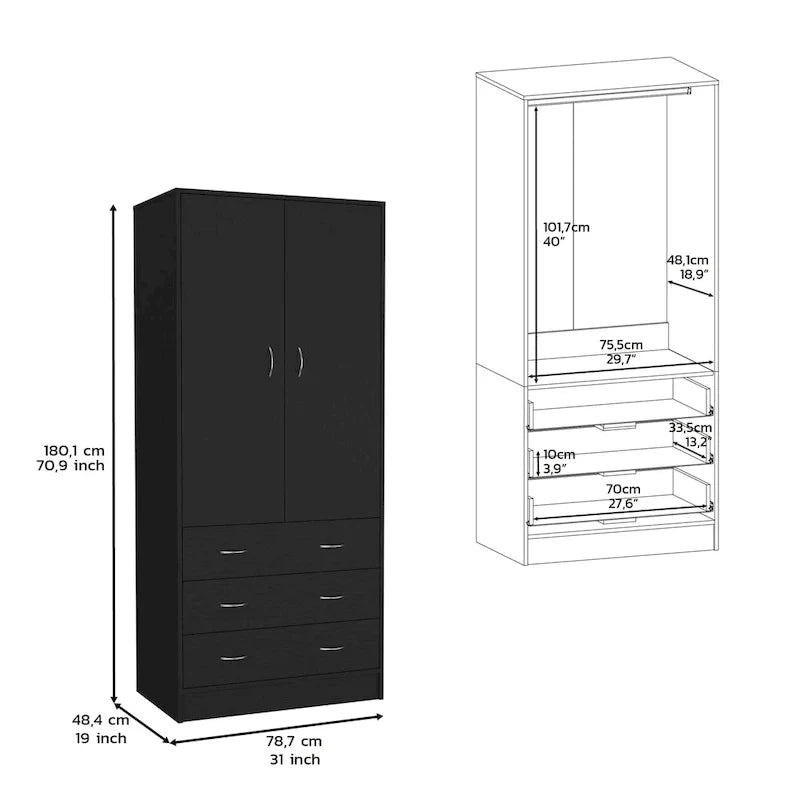 19  Modern Double-door Armoire with 3 Drawers and 1 Hanging Rod for Bedroom 6